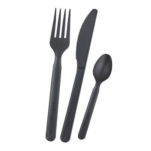 Kit di posate nero in CPLA 3/1: coltello, forchetta, cucchiaio, involucro biodegradabile H150mm
