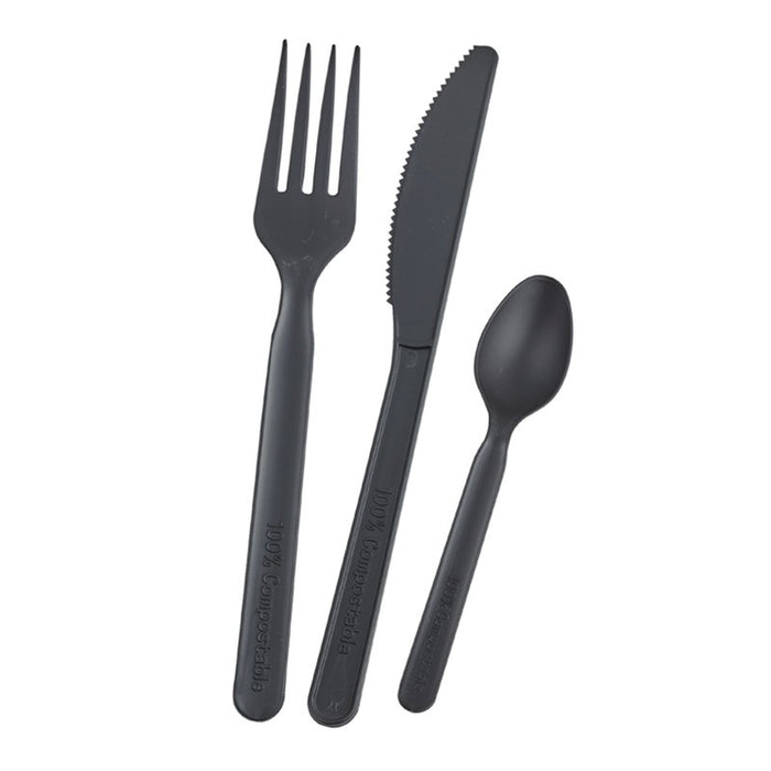 Kit di posate nero in CPLA 3/1: coltello, forchetta, cucchiaio, involucro biodegradabile H150mm