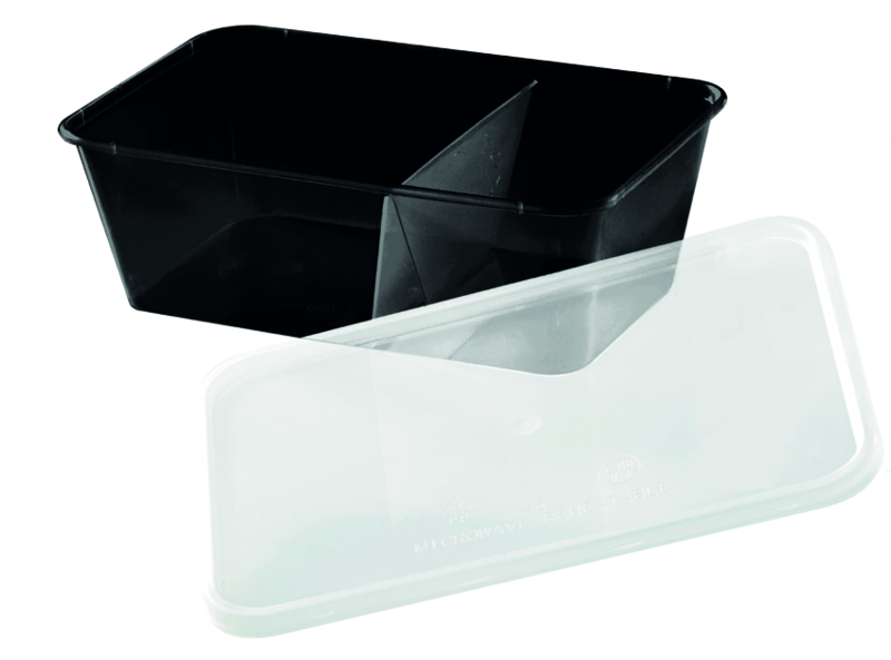 Combo caja negra rectangular PP con tapa 2 compartimentos 750ml 175x120mm A60mm - 250Uds