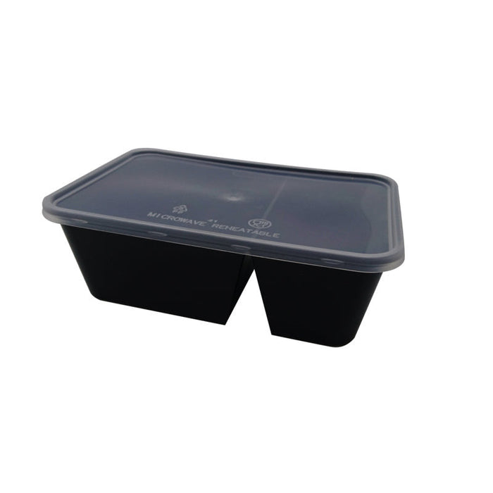 Combo caja negra rectangular PP con tapa 2 compartimentos 750ml 175x120mm A60mm - 250Uds