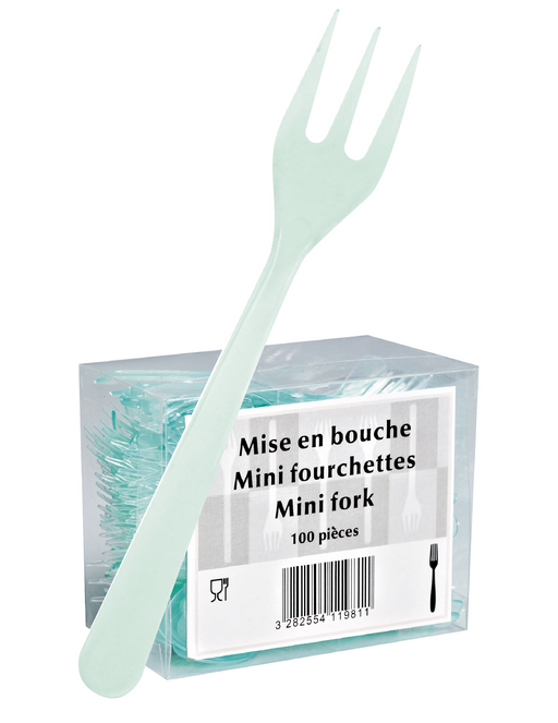 Mini Tenedor de plástico verde transparente 95mm - 1000Uds