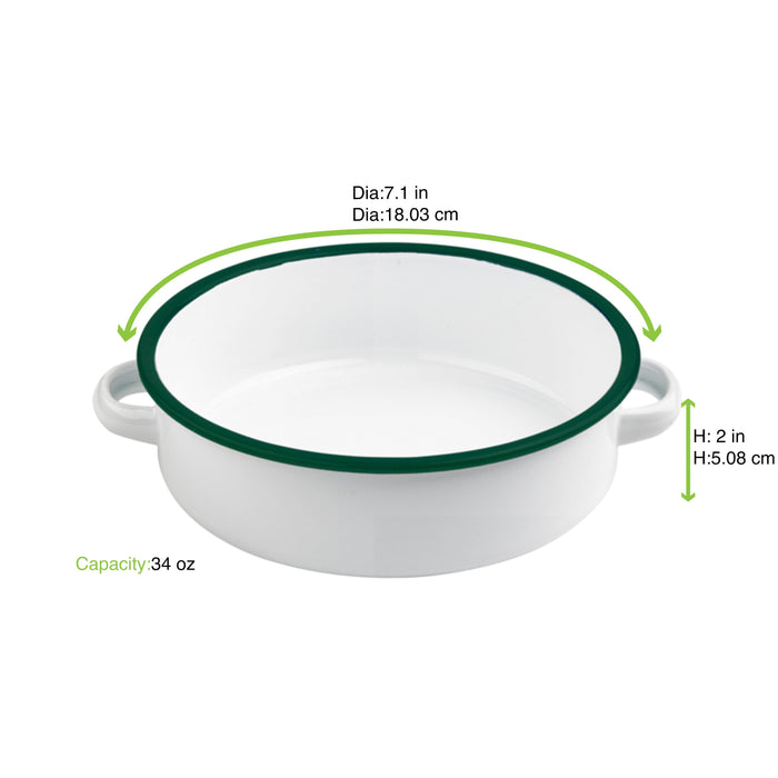 Fuente redonda con asas de acero esmaltado blanco Enamely con borde verde 1000ml Ø180mm A50mm - 12Uds