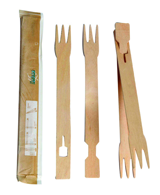 Palillos chinos de madera tipo tenedor empaquetados por 2 unidades A180mm - 1000Uds